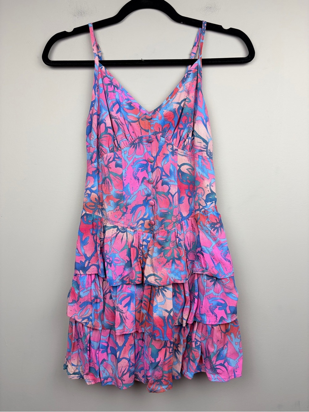 NWT Wild Fable Floral Tiered Mini Dress XXS Pink Blue Button Front Boho - Picture 1 of 9
